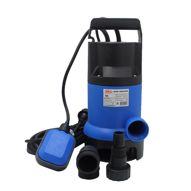 Насос фекальный JEMIX GS-1100 (Корпус Пластик, 1,1 КВт, напор 9,5 м, произв. 14 куб.м/час) Диаметр всасываемых частиц 35 мм.